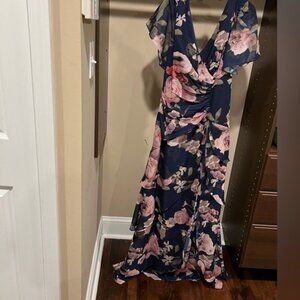 Flutter Sleeve V-Neck Maxi Dress in Blue and Pink